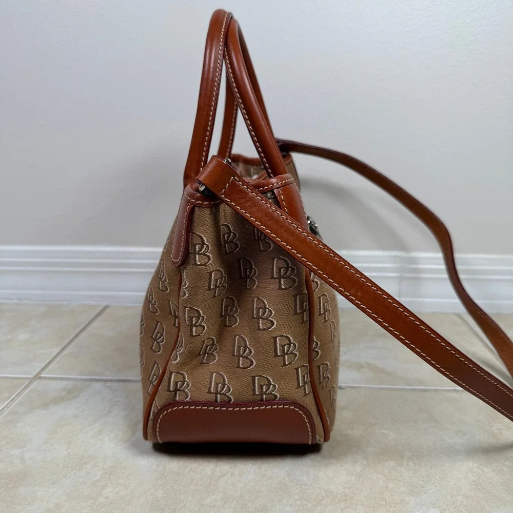 Dooney & Bourke Brown DB Monogram Canvas Leather Satchel Tote Bag Medium